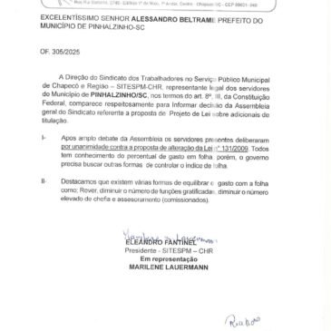 Sindicato realiza Assembleia e protocola documento ao Prefeito de Pinhalzinho